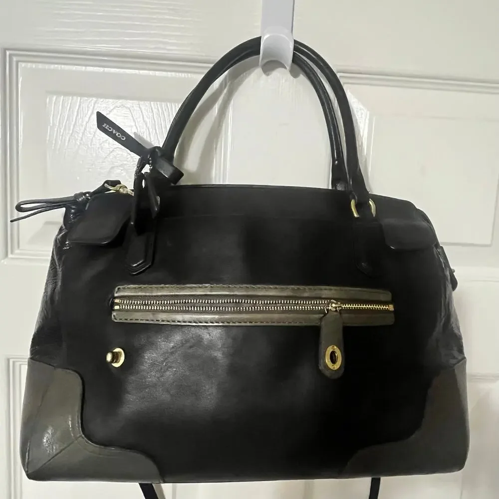 COACH Poppy Colorblock Black Green Leather Purse Satchel Crossbody Handbag